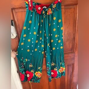 Boho Floral Wide Leg Pants Green | Elastic Waist Palazzo Beach Festival Size M